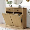 Modern Double Tilt Out Laundry Hamper Cabinet, Fluted 22 Gallon Hidden Garbage Cabinet with Storage Baskets, Wooden Trash Can Cabinets with Drawers (Natural Oak, 13"D x 39"W x 36"H (Full))