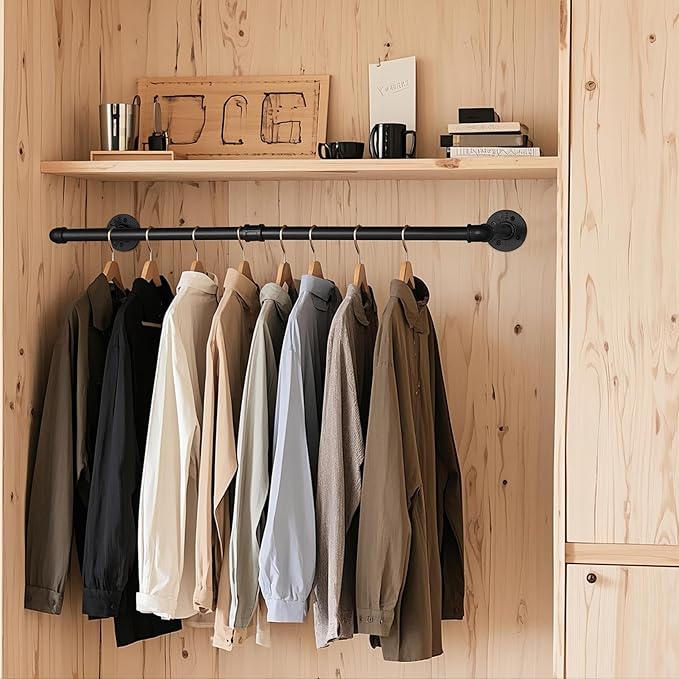 AddGrace Industrial Pipe Clothes Rack Black Wall Mounted Clothing Rack for Hanging Clothes 34.5 Inch Multi-Purpose Garment Bar for Wardrobe and Laundry Room 1 Pack