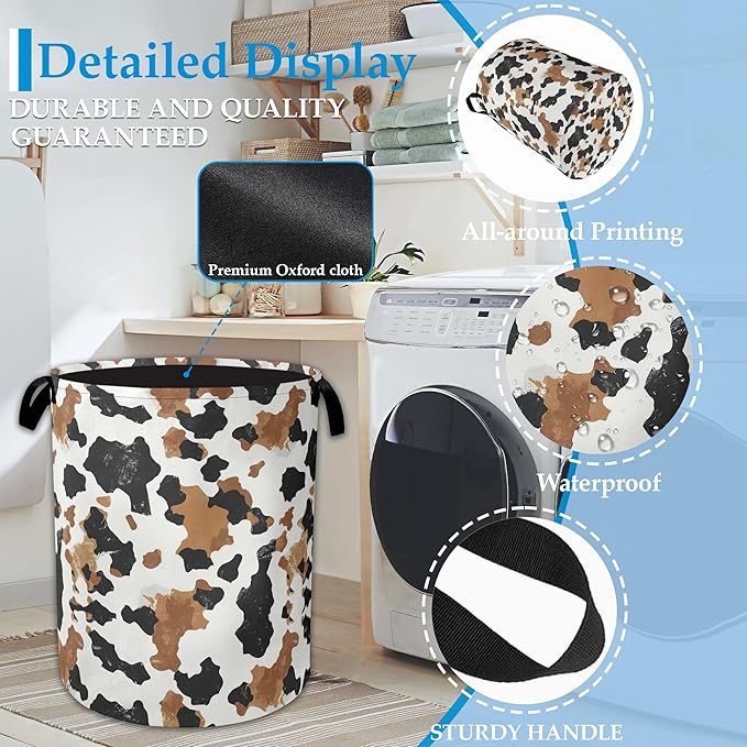 Cows Skin Brown Laundry Basket Collapsible Oxford Organizer Basket for Storage Bin Toy Bins Gift Baskets Bedroom Clothes Children Nursery Hamper 16" X 20.8"