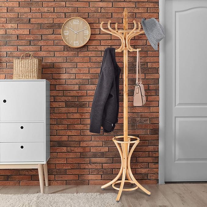 GOFLAME 73" Coat Rack Freestanding, Wooden Coat Tree with 12 Hooks and Umbrella Stand, Entryway Hall Tree, Hat Hanger Organizer, Coat Rack Stand for Coats, Hats, Scarves, Bags, Easy Assembly, Oak
