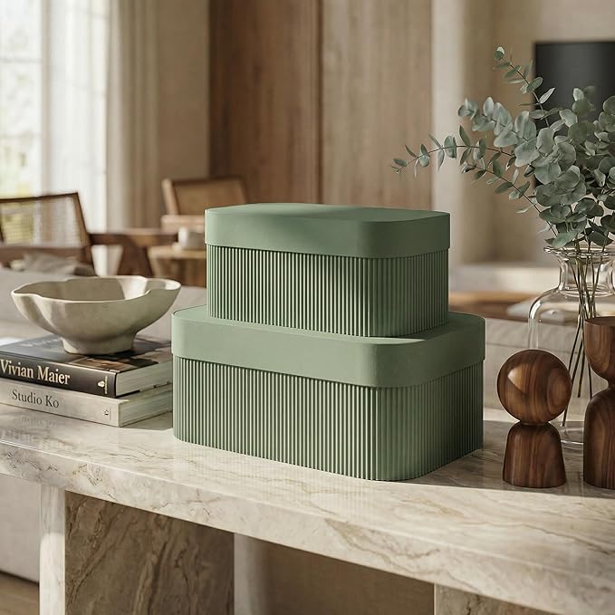 Decorative Storage Boxes with Lids – Set of 2 Beautiful Fluted Cardboard Organizer Bins for Your Home Bookshelf Decor to Safely Store Your Documents, Memory Box Items and Other Keepsakes in Style