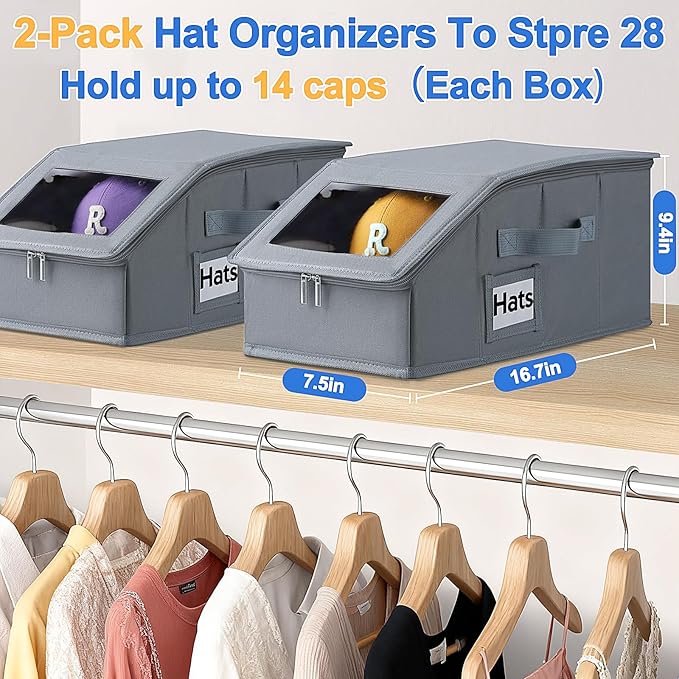 Dofilachy 2 Pack Stackable Hat Storage for Baseball Caps, Holds 28 Caps - Closet Organizer Box with Clear Window & Cardboard，Sturdy Snapback Hat Boxes for Home Storage (grey, 2)