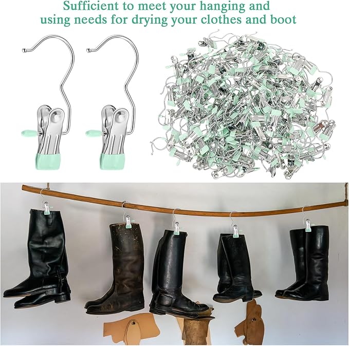 Yinder Boot Hangers Clips Laundry Hooks Hanging Stainless Steel Clothes Pins Portable Hangers for Closet Travel Socks Pants Handbags Hats Towels(Green,250 Pcs)