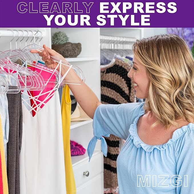 MIZGI 50 Pack Clear Plastic Hangers - Premium Thick Invisible Space Saving Hanger with 360° Swivel Hook, Ultra Slim Hangers for Suits, Dresses, Shirts, Coats & Pants