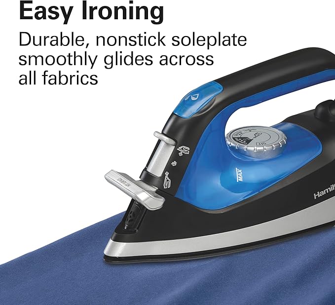 Hamilton Beach 2-in-1 Steam Iron for Clothes and Garment Steamer with 5 Temperature Settings, Nonstick Soleplate, 1200 Watts, 8’ Cord, Black & Blue (14525F)