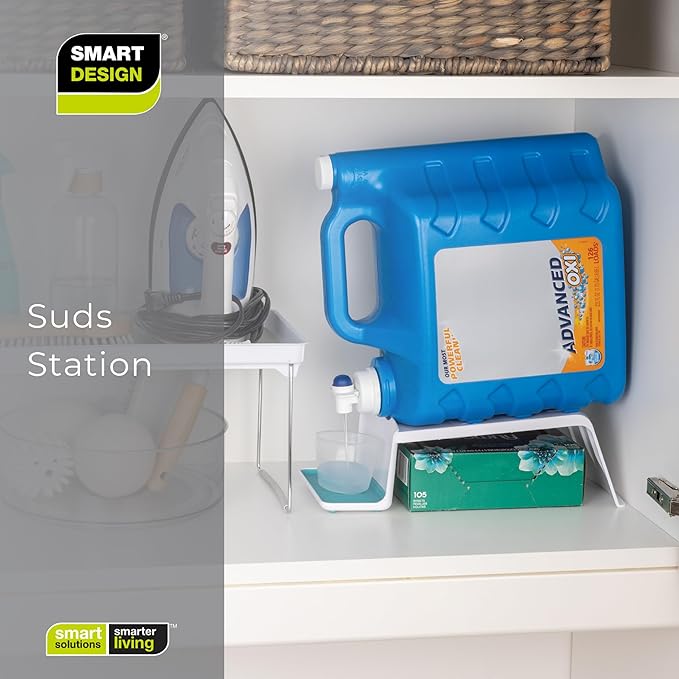 Smart Design Sud Station Angled Laundry Detergent Organizer with Drip Tray – Liquid Detergent & Fabric Softener Holder for Cabinet Storage – 5.8” x 12.7” – White