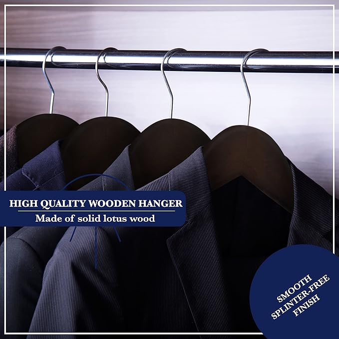 Wooden Hangers - Non Slip Luxury Natural Lotus Wood & Velvet Suit & Pants Hangers - 360 Rotating Hooks - 20 Pack
