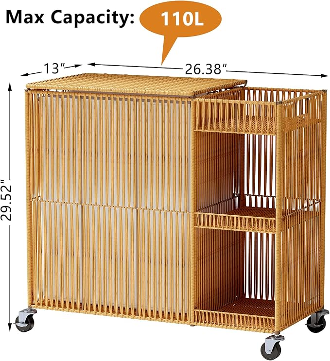 WOWLIVE Laundry Hamper with Wheels, Handwoven Laundry Basket with Lid, Shelves, Rolling Clothes Hamper with Removable Liner Bag, 110L Large Laundry Sorter Laundry Room Organization, Natural
