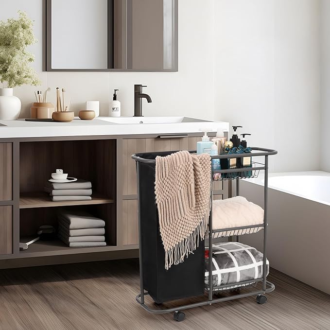 Rolling Laundry Cart with Wheels: 3-Tier Laundry Caddy Between Washer and Dryer - Heavy Duty Wrapping Paper Cart with 45L Bag for Narrow Space Laundry Room Bathroom Bedroom Black