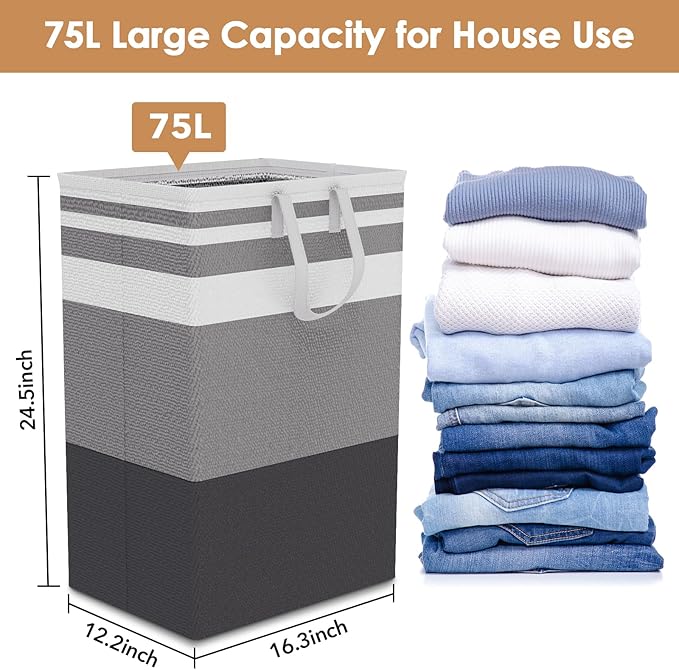 75L Large Laundry Hamper with Handles, Dirty Clothes Hamper for Bedroom Waterproof, Freestanding Tall Laundry Basket Waterproof, Hamper for Bedroom, Bathroom, Dorm, Toys Storage (Stripes, 2 × 75L)