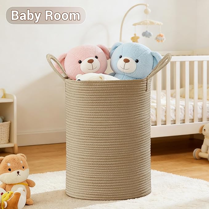 Tall Laundry Basket with Handles, 100L Portable Dirty Clothes Hamper, Boho Cotton Rope Storage Bin for Blankets Kids Toys Gifts, Extra Large Organizer for Baby Nursery Bedroom Bathroom, Jute