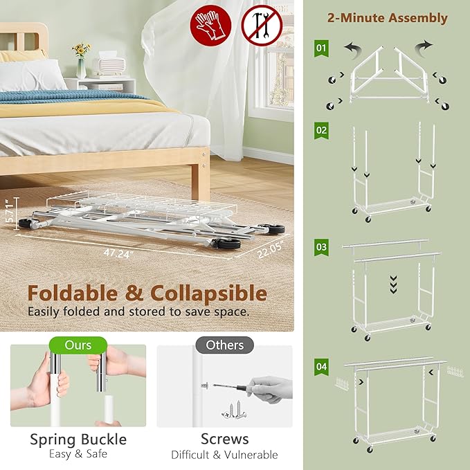 Hoctieon 2-Minute Assembly Double Rod Clothes Rack, Heavy Duty Rolling Clothing Racks with Wheels, Foldable Commercial Garment Rack, Extendable Hanging Bar, Adjustable Metal Pole with Hooks, White