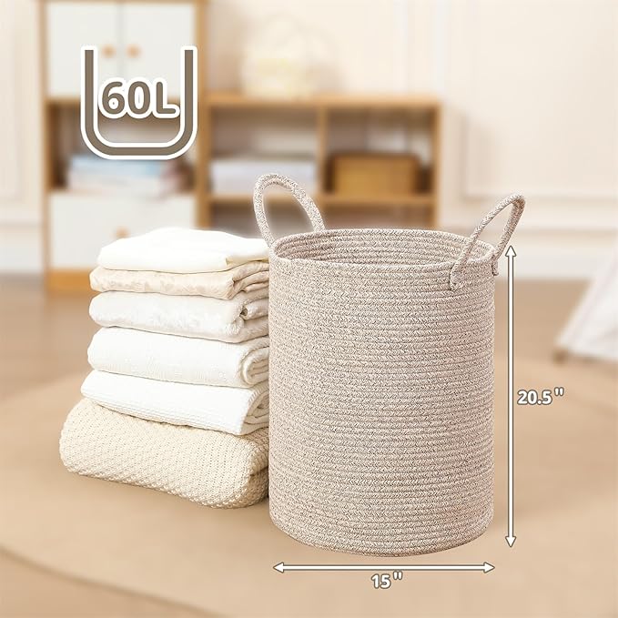 60L Large Woven Laundry Basket Hamper, 100% Natural Cotton Rope, Handwoven & Durable, Storage for Blankets, Toys, Clothes, Decorative Nursery Hamper for Living Room, Baby Room, Bedroom (Brown)