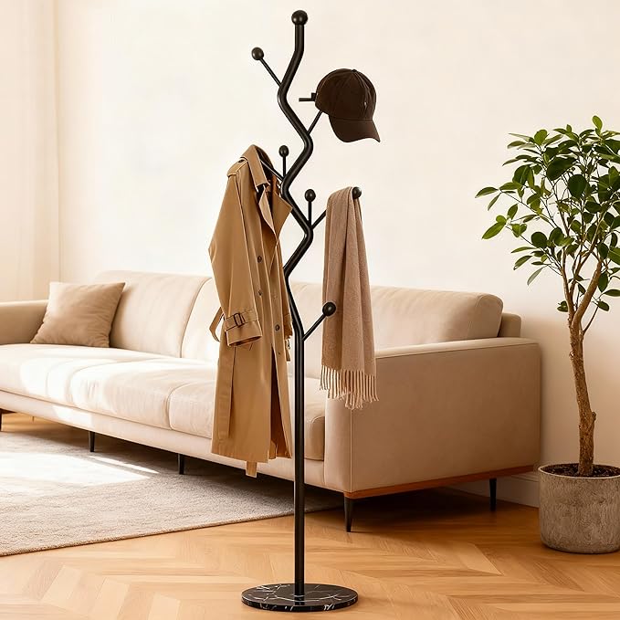 68.9 Inch Tall Modern coat Rack,Black Freestanding coat Rack Tree,Heavy-Duty Metal Coat Rack Stand with Sturdy Marble Base for Entryway,Hallway,Bedroom,Holds Coats Hats Bags Scarves