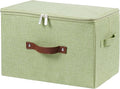 Storage Bins with Zipper Lid Cotton Linen Fabric Lidded Storage Baskets Boxes Foldable Washable Closet Shelf Clothes Organizer Container with PU Leather Handles (Green, Large Size)