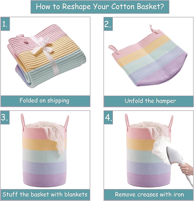 15Dx20H inches Baby Girls Kids Hamper Rainbow Laundry Basket for Nursery Clothes Pastel Unicorn Woven Hamper in Playroom Bedroom Large Tall Blanket Basket