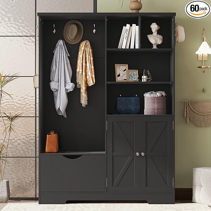 Modern Wood Entryway Hall Tree with Storage Shelves Drawers and Cabinet, Multi-functional Coat Rack Shoe Cabinet with Hooks and Bench for Entrance Entryways (Black-K27)