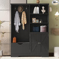 Modern Wood Entryway Hall Tree with Storage Shelves Drawers and Cabinet, Multi-functional Coat Rack Shoe Cabinet with Hooks and Bench for Entrance Entryways (Black-K27)