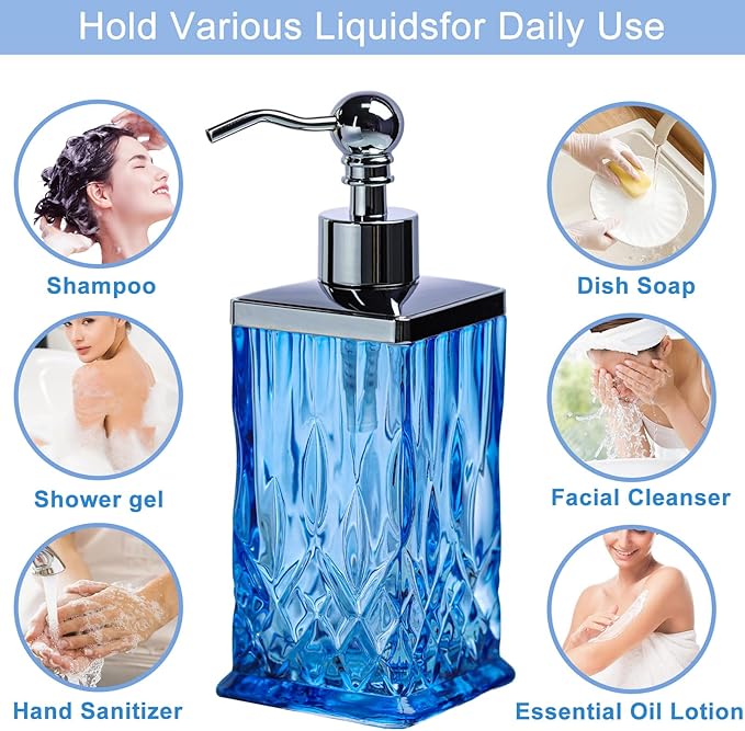 10Oz Blue Glass Soap Dispenser with Silver Pump,Lead-Free Thick-Cut Glass,Countertop Soap Dispensers for Bathroom & Kitchen,Square