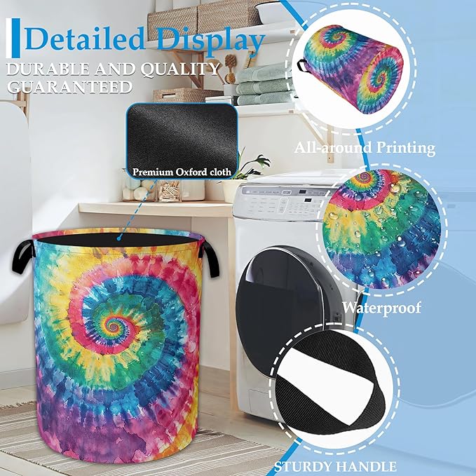 Tie Dye Laundry Basket Collapsible Laundry Hamper Clothes Toy Storage Bin for Bathroom Bedroom Room Decor 16" X 20.8"