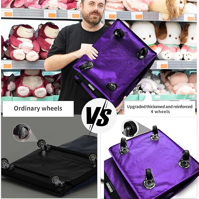 (Medium,Purple) Reusable Grocery Bag on Wheels, 70L Foldable Rolling Tote, Carries Up to 66 lbs Shopping Trolley, Zipper Clouser Shopping Carts for Trips, Laundry, 4 Heavy Duty Wheels and 3 Handles
