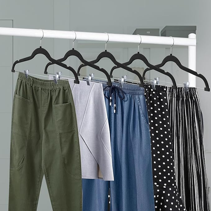 Lifemaster Velvet Skirt Hangers – with Adjustable Clips, 360 Degree Swivel Hook, and Non-Slip Shoulder Notch, Holds Up to 10 lbs, for Organizing Skirt, Pants, Dress, and Clothes, Pack of 20, Black