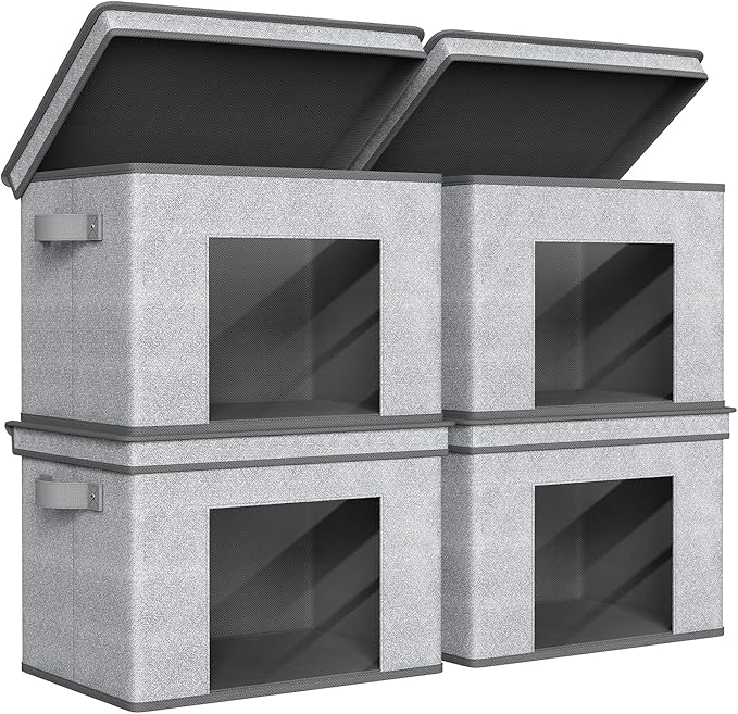 Univivi Foldable Fabric Storage Boxes Large Storage Bins with Lids [4-Pack] Collapsible Storage Cube Organizer, Closet & Bedroom Organization Containers, Home Storage Cube Box (Gray, 17“ x 12” x 12")