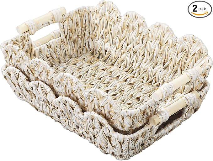 Small Scalloped Basket,Boho Decortive Wicker basket with Wooden Handle,Hand-Woven Wicker Storage Baskets for Organizing,Shelves,Snack,Display,2 Pack