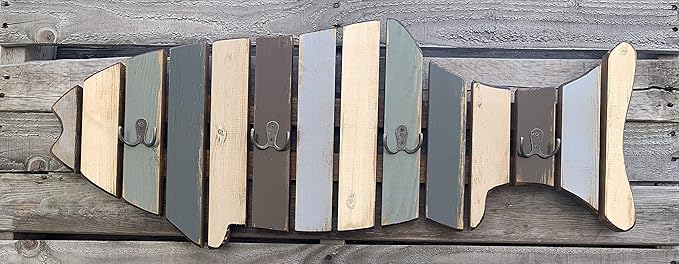 Coatrack FISH with metal hooks Shaped Fish Coat Rack Stained BLUE Brown Cream White Grey Taupe Nautical Lake Beach Ocean Sea Wall Home Decor