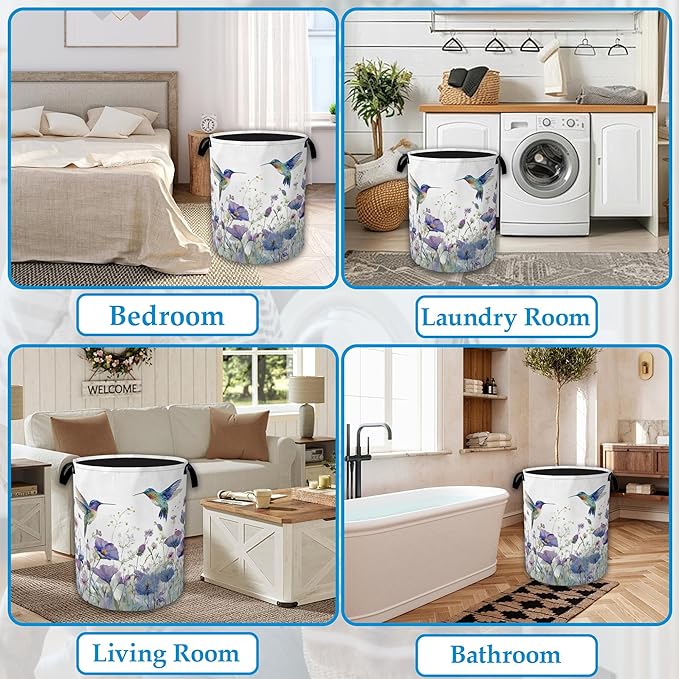 Hummingbird Flowers Laundry Basket Collapsible Laundry Hamper Clothes Toy Storage Bin for Bathroom Bedroom Room Decor 16" X 20.8"