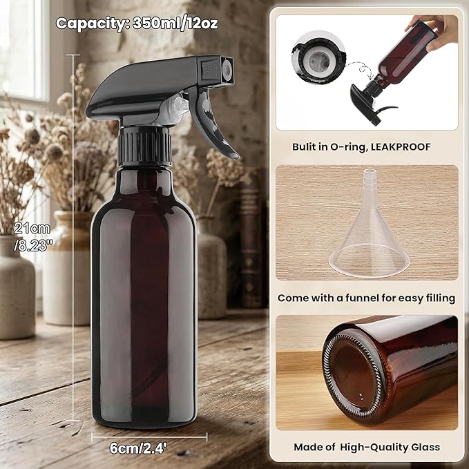 Glass Spray Bottles 12oz Empty Spray Bottle Mist/Stream Spraying Small Refillable Containers for Hair Care, Cleaning Solutions, Plants, Essential Oils 1 Pack (Brown-1, 12oz)