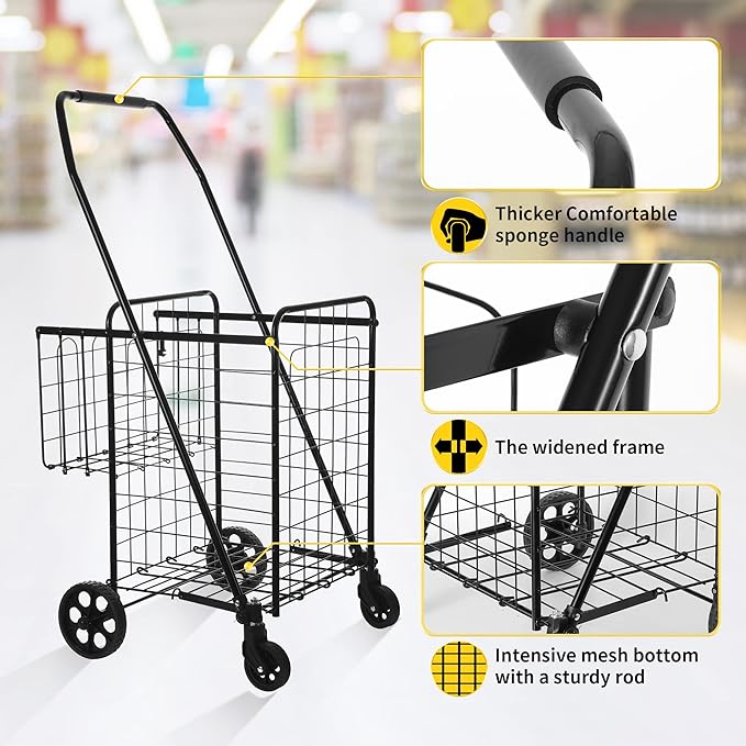Folding Shopping Cart, Grocery Cart, 200 Lb Capacity, Utility Cart with 360° Rolling Swivel Wheels, Medium & Extra Basket