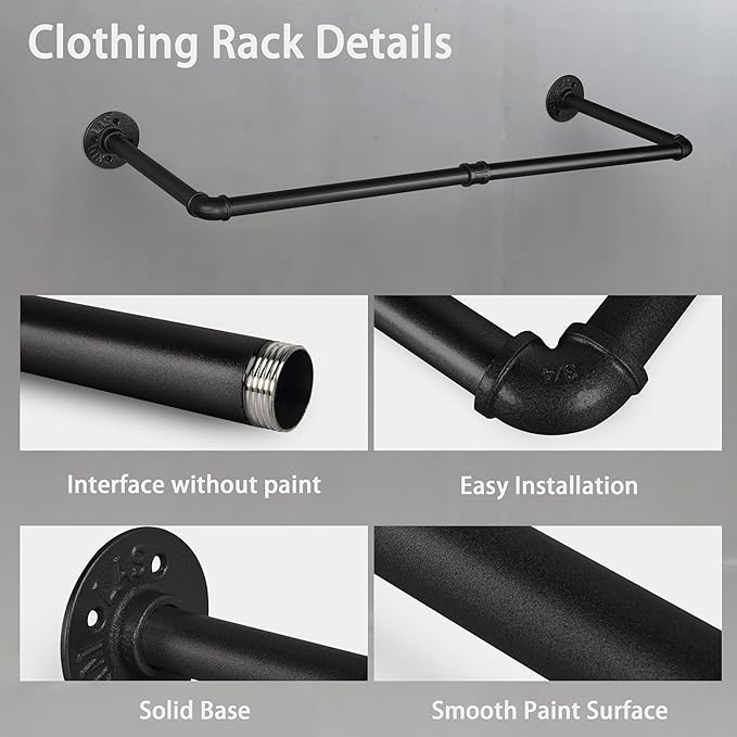 AddGrace Industrial Pipe Clothes Rack Black Wall Mounted Clothing Rack for Hanging Clothes 34.5 Inch Multi-Purpose Garment Bar for Wardrobe and Laundry Room 1 Pack