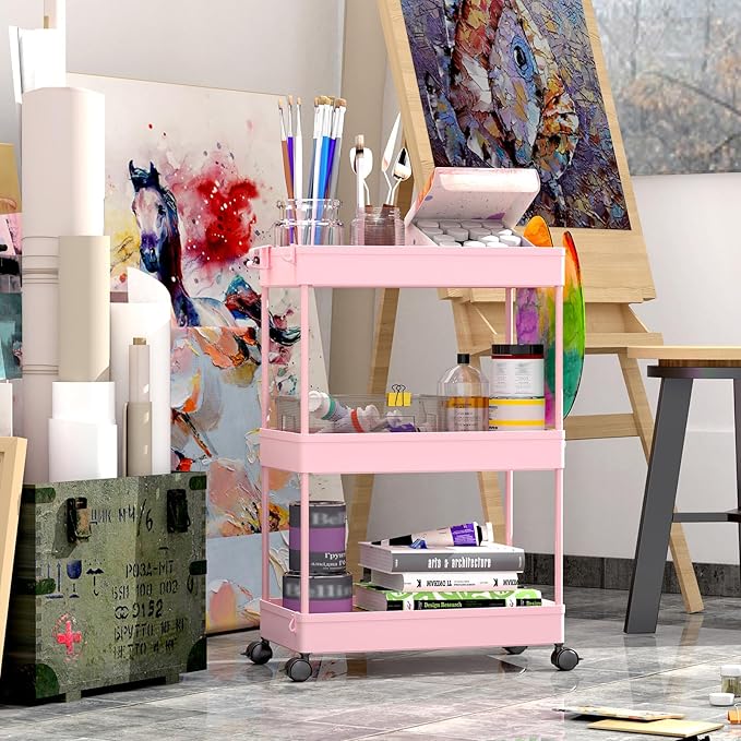SPACEKEEPER Rolling Storage Cart 3 Tier, Bathroom Cart Organizer Laundry Room Organizer Utility Cart Mobile Shelving Unit Multi-Functional Shelves for Office, Kitchen, Bathroom, Pink