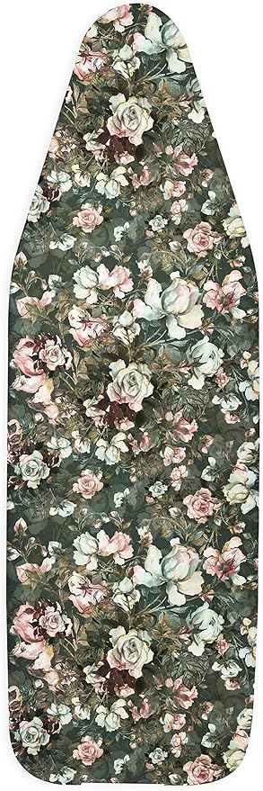 Encasa XO Ironing Board Cover and Pad - Thick 4mm Felt, Heat & Scorch-Resistant, Fits Wide Boards 49"x18", Elastic Bungee Cord Tightening, Easy Fit, Stain-Safe Dye, Green Roses
