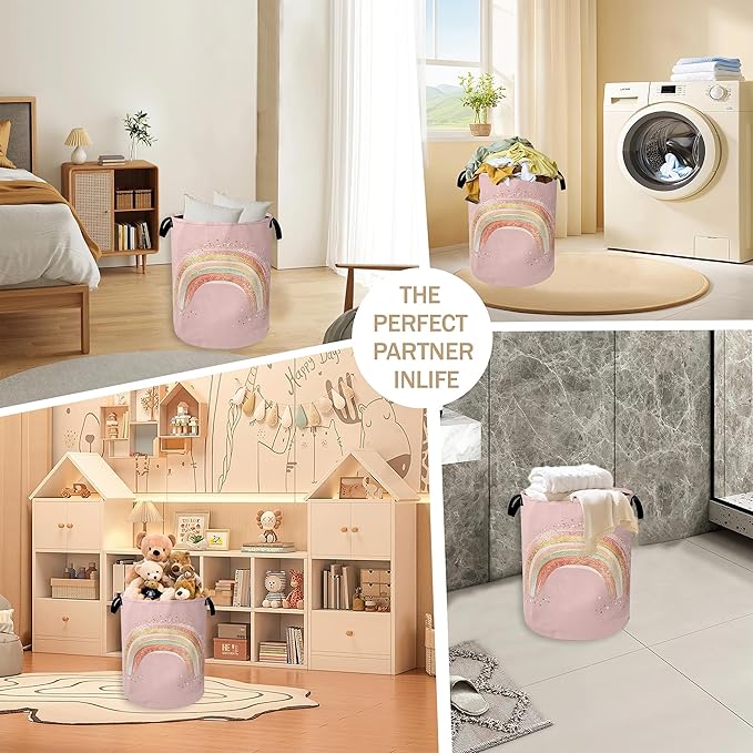 Glitter Rainbow Laundry Hamper,Girls Princess Pink Clothes Hamper for Laundry,Waterproof Oxford Toy Storage Collapsible Hampers for Bedroom, Dorm Room,Bathroom,16x20 Inch