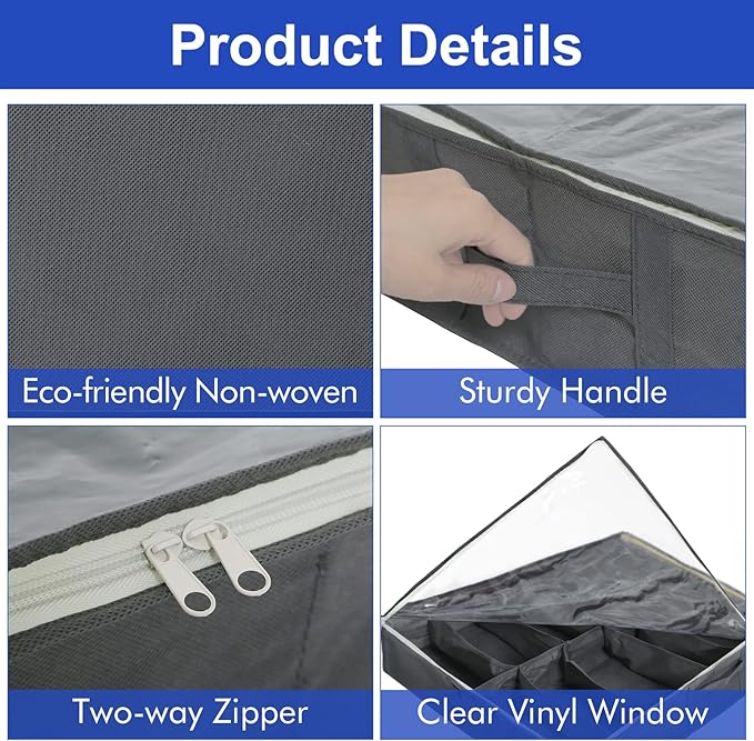 Surblue Under Bed Shoe Organizer Storage Bag with Transparent Skylight and Zippered,36 Pairs,Grey,3 PCS