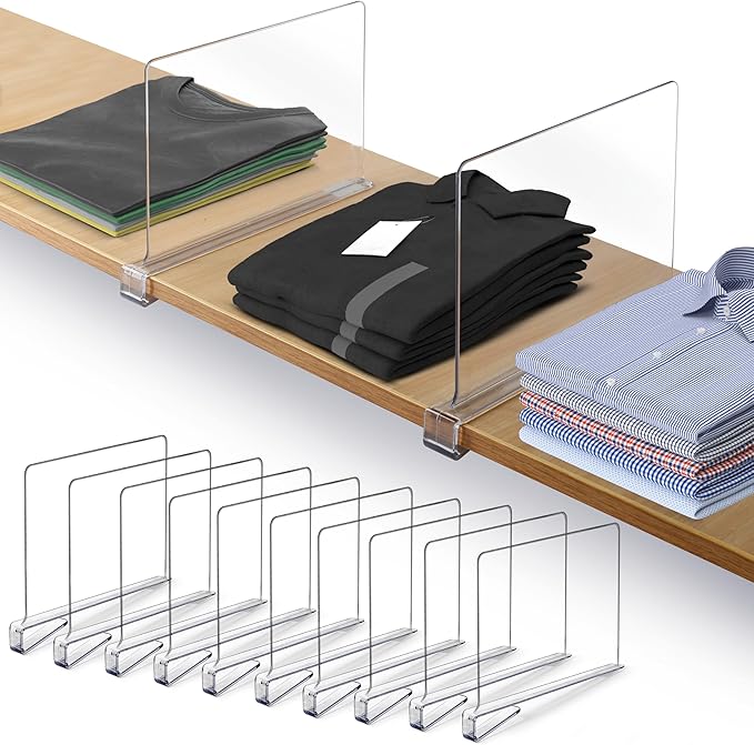 10 Pack Acrylic Shelf Dividers for Closet 11x7.9 Inch – Acrylic Dividers for Shelves Clear Closet Shelf Separators for Purses, Clothes Storage – Vertical Bookshelf Dividers for Bedroom & Kitchen