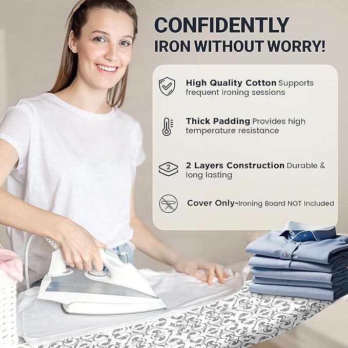 Ironing Board Cover and Pad 15"x54" Extra Thick Natural Cotton, Scorch and Stain Resistant Padding,Standard Size Iron Board Cover with Fasteners Heavy Duty Elastic Edge, Heatproof Ash
