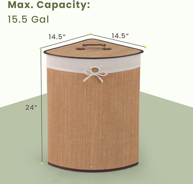 GOFLAME Corner Bamboo Laundry Hamper with Lid and Removable Liner, Washing Clothes Basket Storage Bin with Handle, Suitable for Bedroom, Bathroom, Laundry, Bamboo