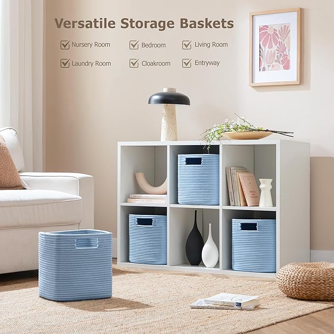 UBBCARE Storage Cubes 11 Inch, Cotton Rope Woven Baskets for Organizing, Cube Storage Bin for Baby Nursery, 4-Pack Square Toy Storage Baskets for Shleves Organizer, Closet, Kidsroom, Blue