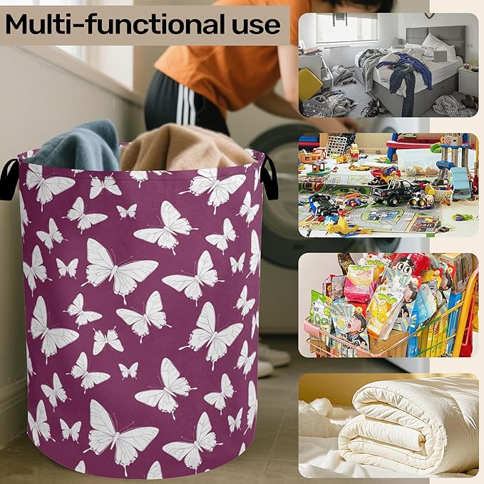 Purple Butterfly Silhouette Laundry Basket with Handles - Extra Large Foldable Hamper for Bathroom/Laundry/Bedroom/Dorm, Washable Fabric Storage Bin