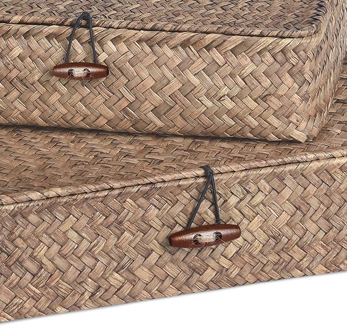 Set of 2 Flat Seagrass Storage Bins with Lid Wicker Storage Baskets for Organizing, Woven Shelf Organizer Bins Home Utility Organizer Box for Home & Office Supplies(Coffee)