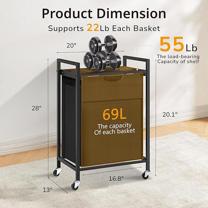 Laundry Hamper, Laundry Basket with 1 Pull-Out Removable Oxford Fabric Bag, 1 x 18.3 Gallons, Total 69L, Cloth Laundry Sorter with a Top Shelf 20"x13" (Black and Rust)