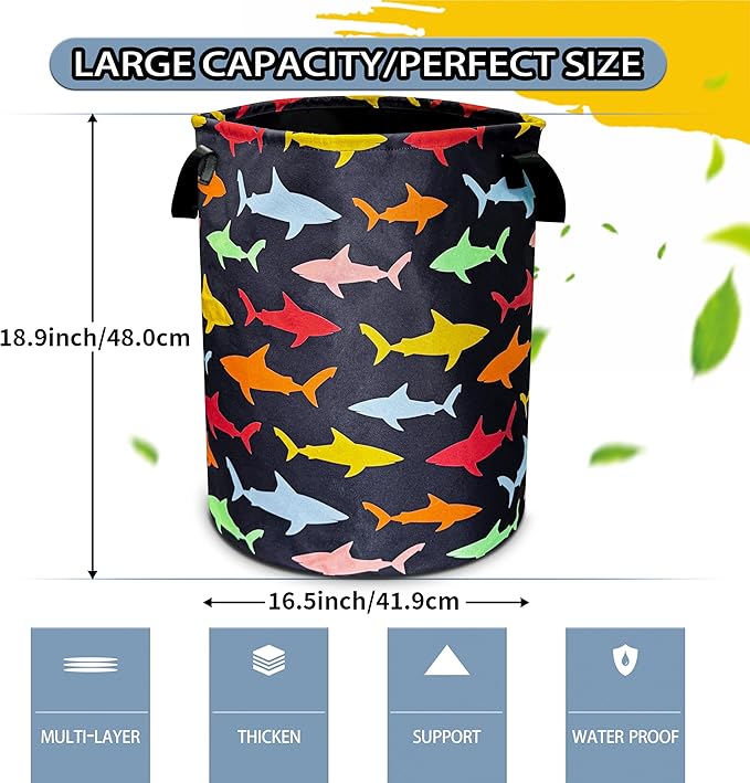 Colorful Shark Laundry Basket Cartoon Pictures Foldable Oxford Cloth Funny Tote Bag Laundry Hamper Clothes Storage Bucket Toy Organizer For Bathroom/Laundry Storage/Bedroom 18.9x16.5 In