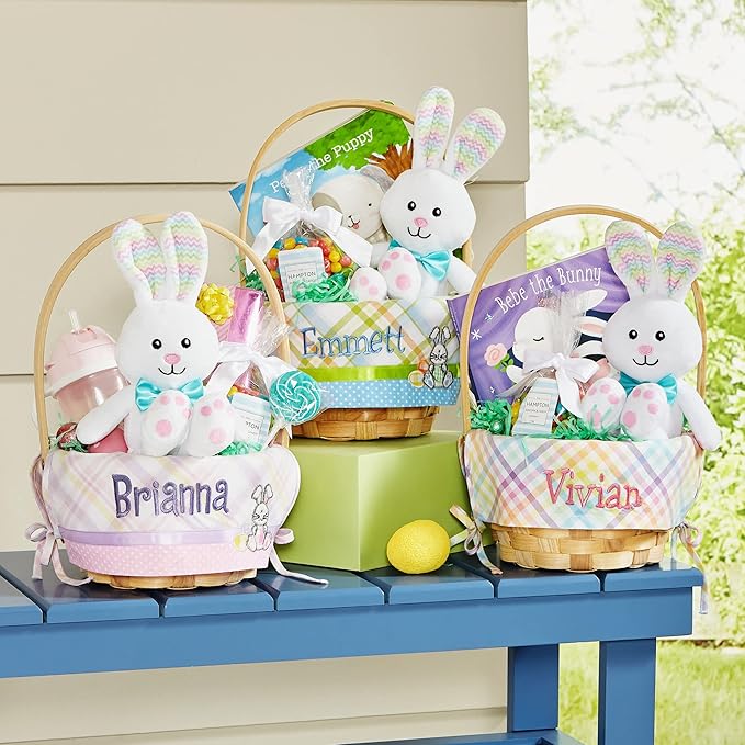 Let's Make Memories Personalized Easter Basket for Kids - For Boys - For Girls - Embroidered Name - Create Your Own - Fillable - Wicker - Easter Basket Stuffers - Small - Pink Lots Of Bunnies