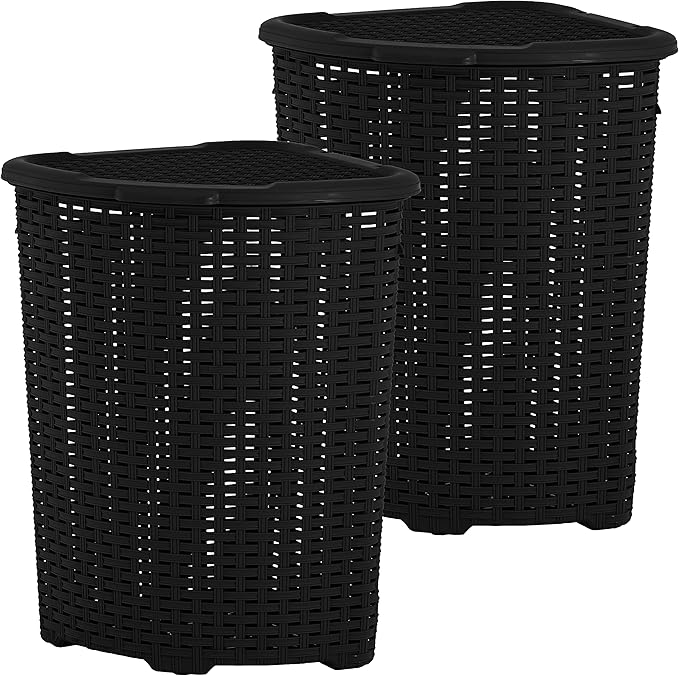 Plastic Corner Laundry Hamper with Lid, Curved Designed Laundry Basket, 2 Pack Triangle Black Cloths Hamper Organizer with Cut-out Handles for Laundry Room Bedroom Bathroom, Wicker Design, 50 Liter