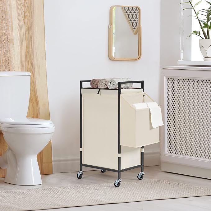 Laundry Hamper with Rustic Brown Lid & Wheels; 96L Large Rolling Laundry Basket with Removable Oxford Liner Bag; Tall Freestanding Dirty Clothes Hamper with Side Pocket; Metal Frame Laundry Cart