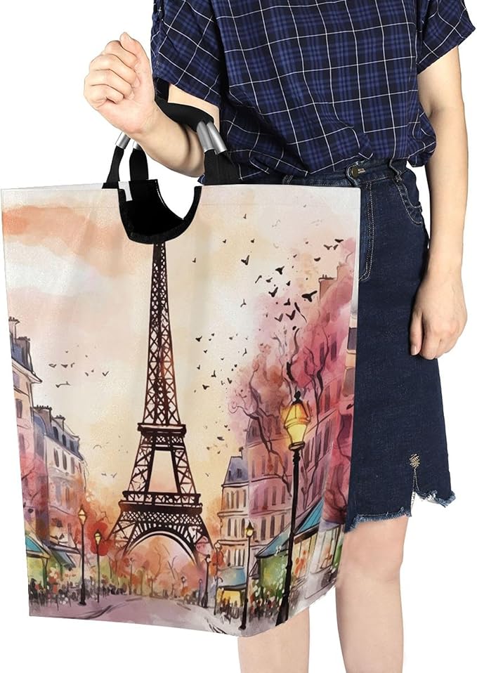 xigua Watercolor Paris Large Laundry Hamper with Handle, Foldable Clothes Hamper Collapsible Storage Basket for Toys and Clothes Organization in Bedroom, Bathroom, and Laundry Room