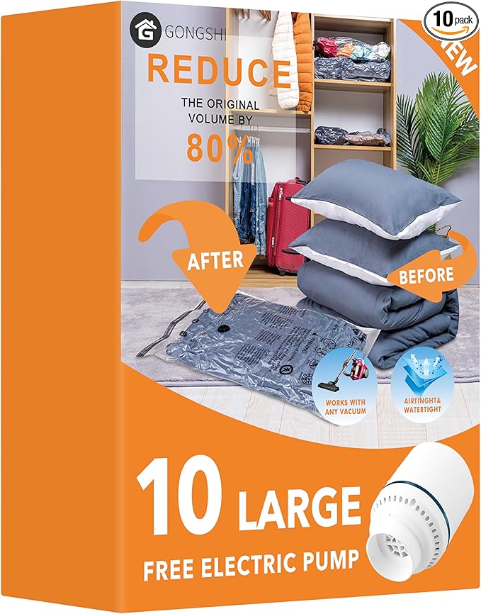 10 Large Vacuum Storage Bags with Electric Pump, Space Saver Bag for Clothes, Mattress, Blanket, Duvets, Pillows, Comforters, Travel